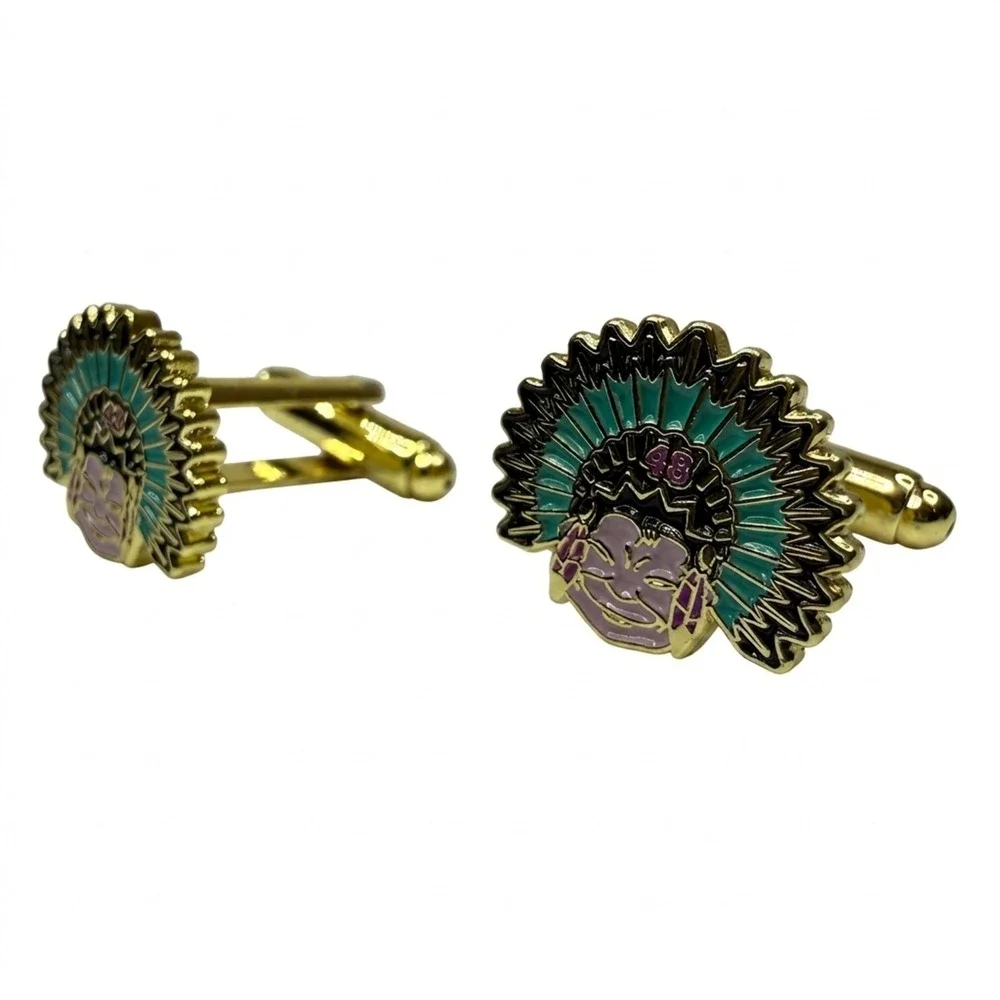 Chief Headdress Cufflinks Gold Tone Enamel Native American Inspired Jewelry